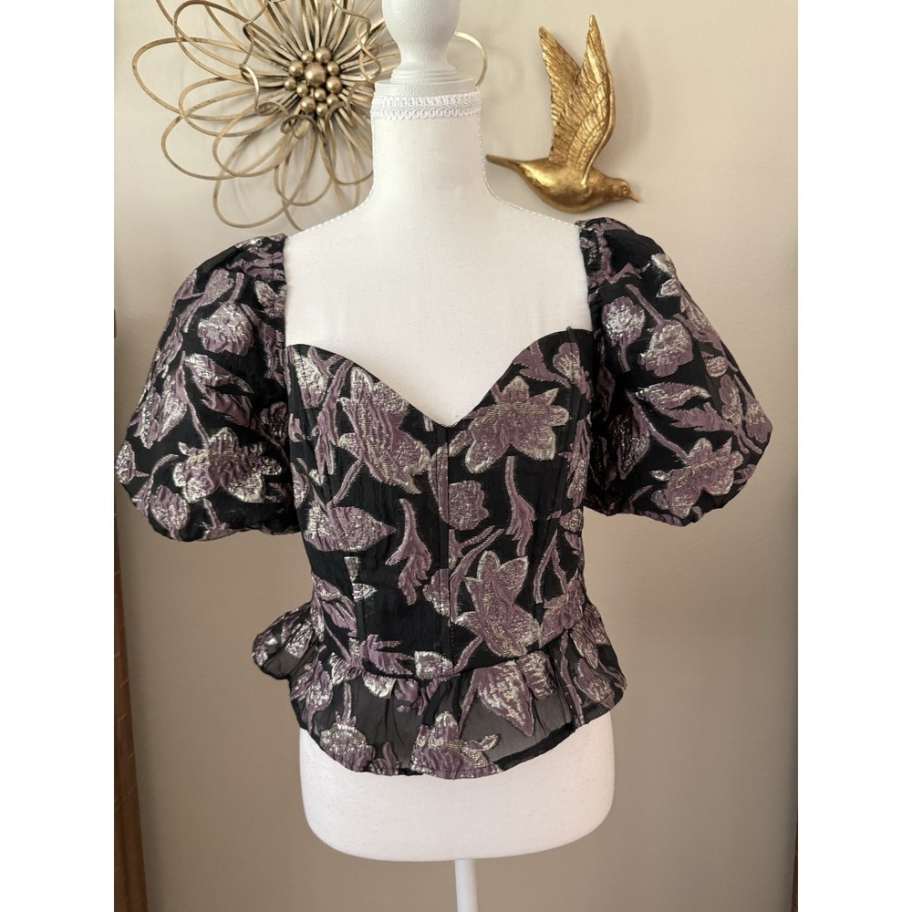 ASTR The Label Sidney Top Black Lilac Floral Metallic Jacquard Corset M